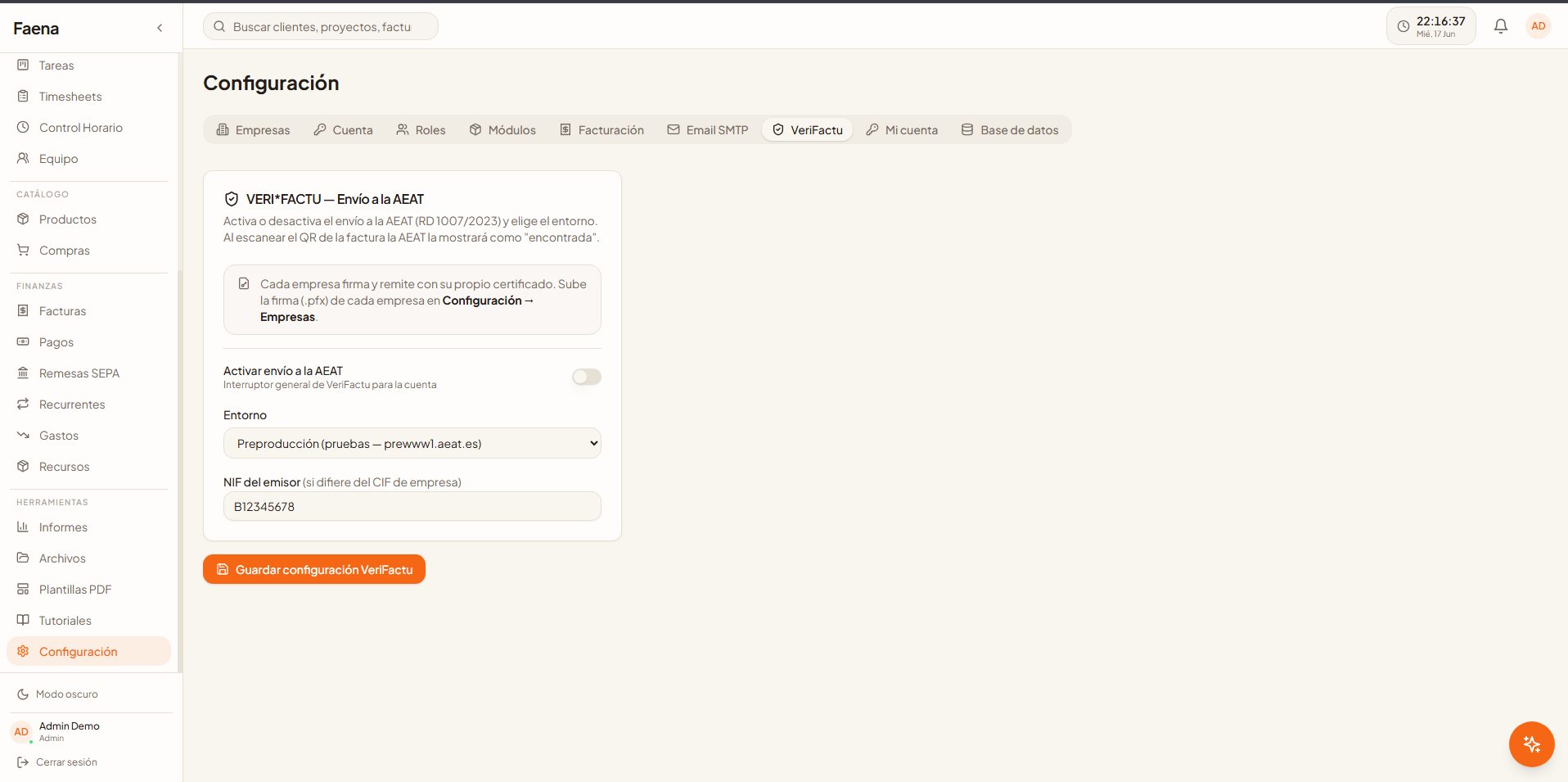 Configuración Verifactu / AEAT
